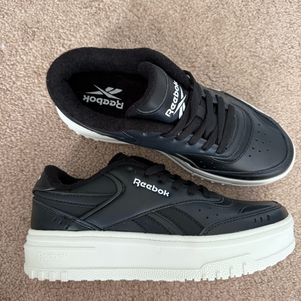 NEW Reebok Women's Black Leather Chalk Club C Double Geo Sneakers